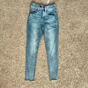 Express I Skinny High Rise Jeans I Size 0R I Raw Hem, Light Wash Distressed